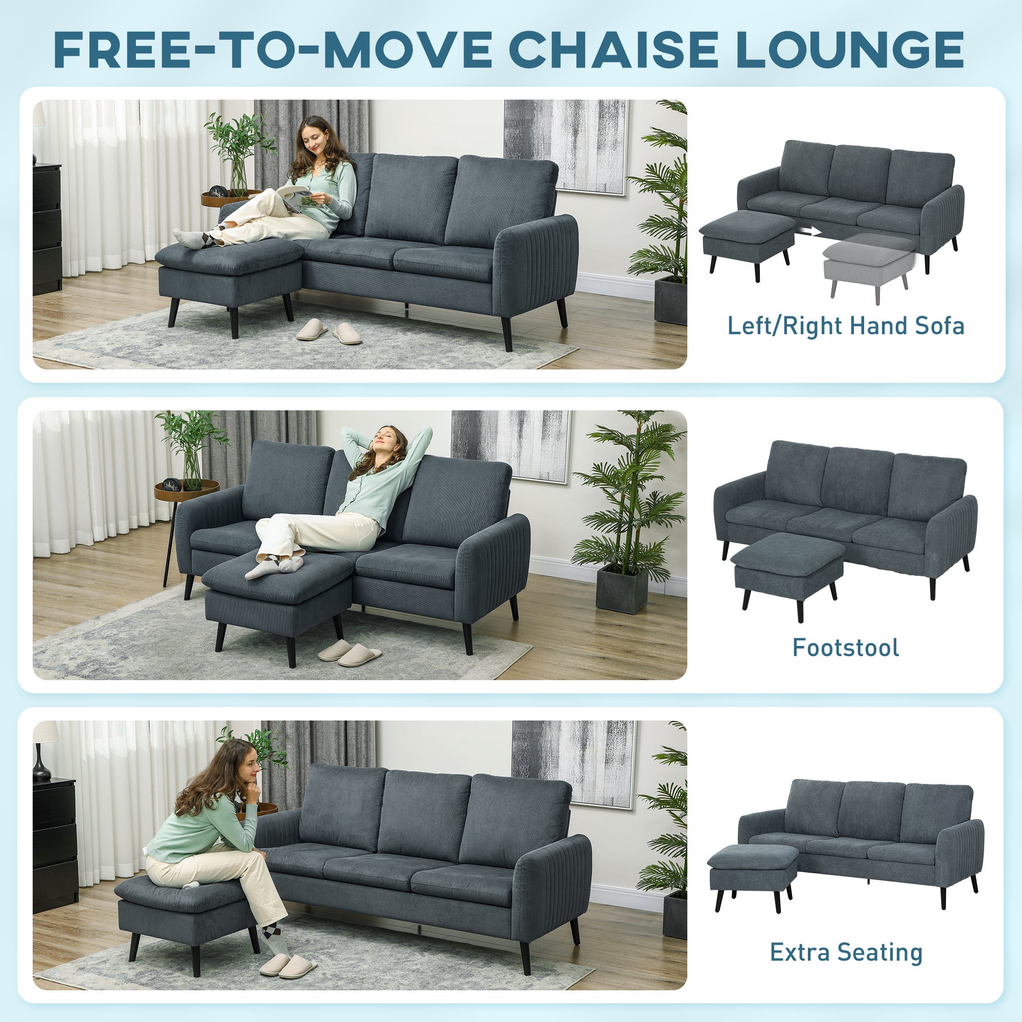 HOMCOM 3 Seater Sofa with Ottoman, 196cm Corduroy L-shaped Sofa Couch with Scatter Back, Reversible Chaise Lounge for Living Room, Home Office, Small Spaces, Charcoal Grey